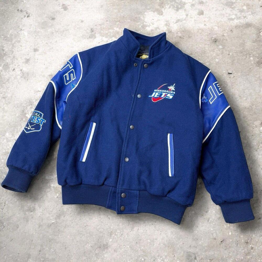 VTG 90s Mississauga Jets Varsity Jacket Wool Leather Trim Canada Made Youth XXL